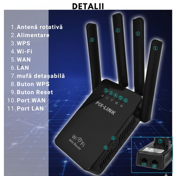 Amplificator de Semnal Wireless, Range Extender Retea WIFI, Retea 2,4GHz, Viteza 300Mbs, 4 Antene, Slot LAN, Compatibil cu 3G / 4G / 5G, Raza de actiune pana la 300M, Negru [6]