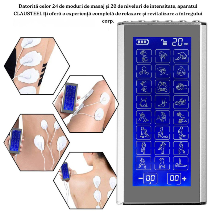 Aparat de masaj corporal cu acumulator, Electrostimulare, 24 de moduri, masaj de fizioterapie, acupunctura electronica, masaj pe tot corpul, tehnlogie EMS, 20 de nivele de Intensitate, display mare cu [7]