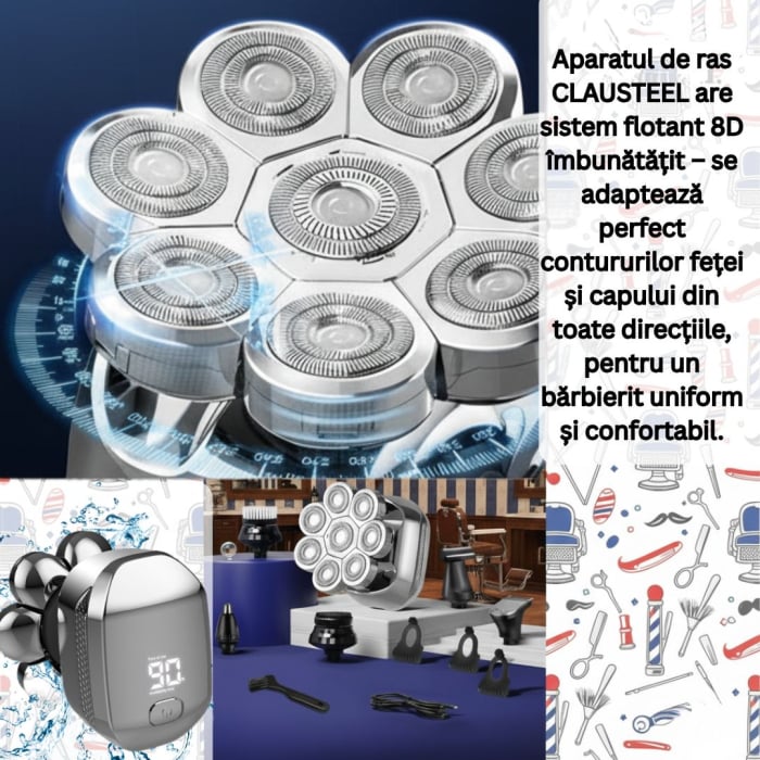 Aparat de ras Profesional CLAUSTEEL 8D pentru barbati, cu 8 lame, Accesorii 6 in 1, impermeabil IPX4, cu display LED, Kit profesional de ingrijire pentru barbati, Accesorii pentru barba si nas incluse [5]
