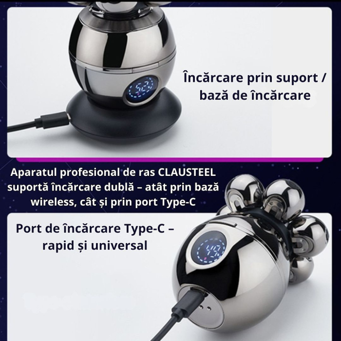 Aparat de ras Profesional CLAUSTEEL M2 pentru barbati, cu 7 lame, Accesorii 6 in 1, impermeabil IPX6, cu display LED, Kit profesional de ingrijire pentru barbati cu baza de incarcare Wireless, Accesor [3]