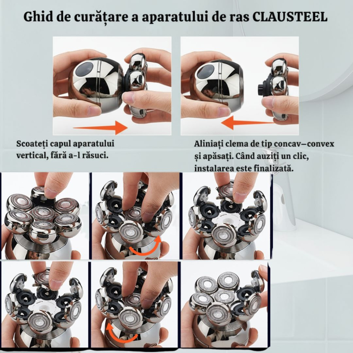 Aparat de ras Profesional CLAUSTEEL M2 pentru barbati, cu 7 lame, Accesorii 6 in 1, impermeabil IPX6, cu display LED, Kit profesional de ingrijire pentru barbati cu baza de incarcare Wireless, Accesor [8]