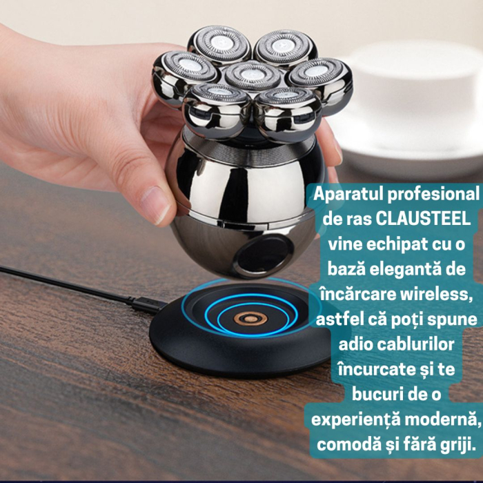 Aparat de ras Profesional CLAUSTEEL M2 pentru barbati, cu 7 lame, Accesorii 6 in 1, impermeabil IPX6, cu display LED, Kit profesional de ingrijire pentru barbati cu baza de incarcare Wireless, Accesor [2]