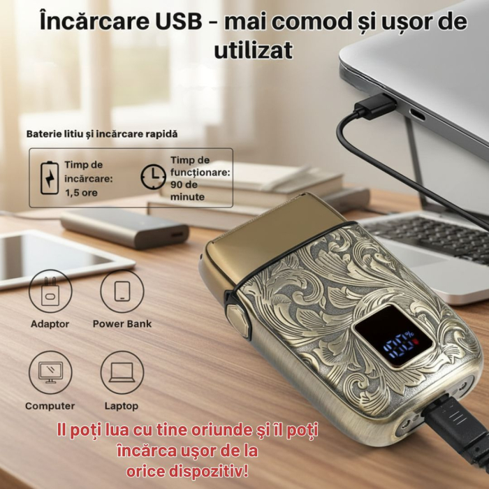 Aparat de ras profesional CLAUSTEEL RETRO pentru barbati, Acumulator incorporat 1400mAh, Incarcare USB, Portabil, Display digital,  7000RPM [4]