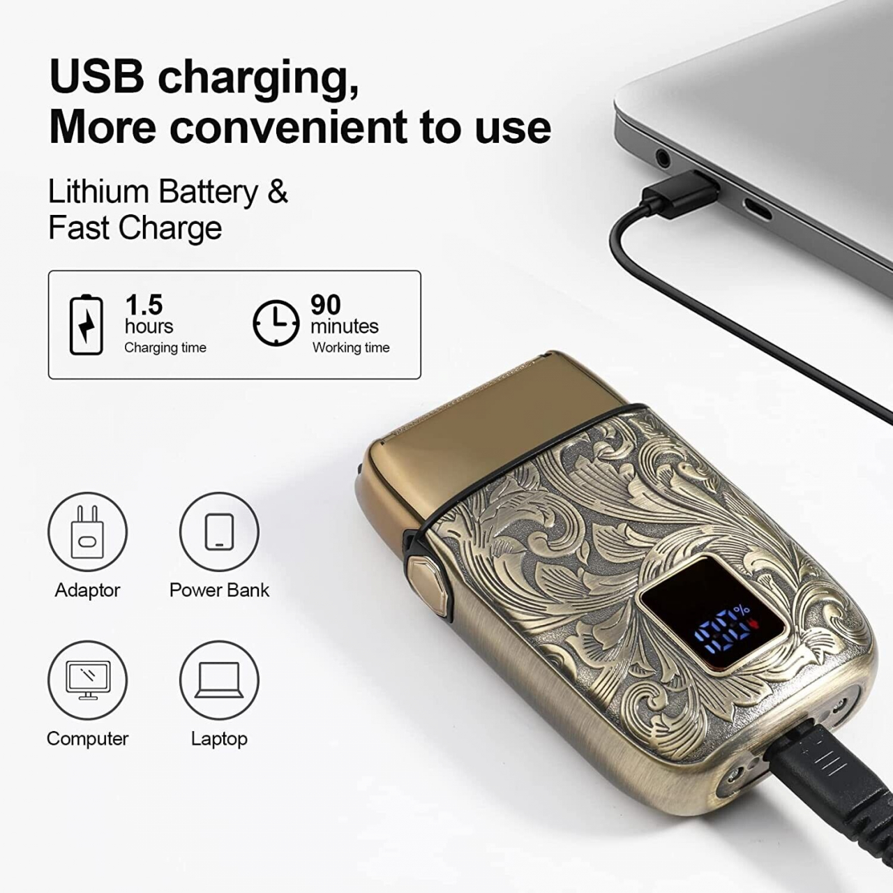 Aparat de ras profesional CLAUSTEEL RETRO pentru barbati, Acumulator incorporat 1400mAh, Incarcare USB, Portabil, Display digital,  7000RPM [5]