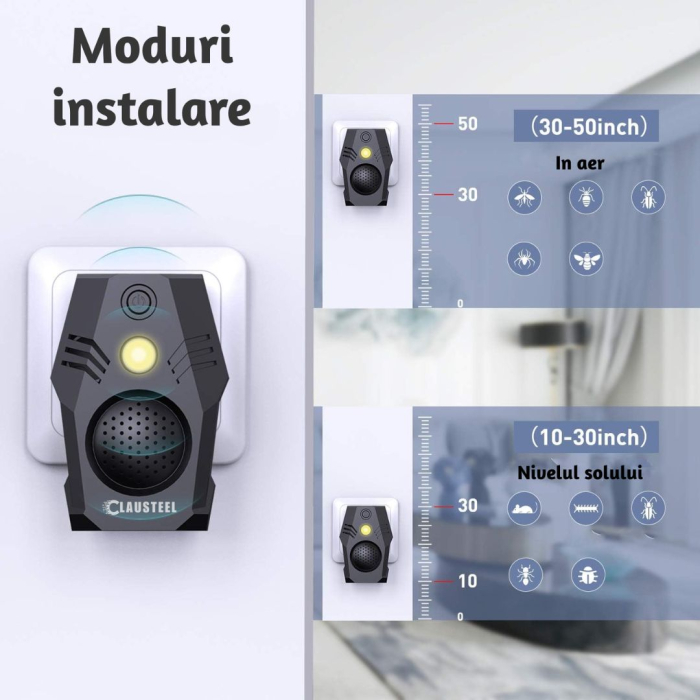 Aparat electronic CLAUSTEEL cu ultrasunete 4in1, rezonanta acustica anti rozatoare, anti sobolani, anti gandaci si alte insecte, pentru spatii de pana la 150MP [7]
