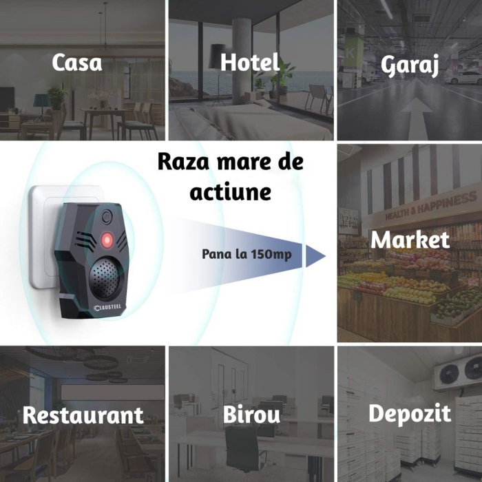 Aparat electronic CLAUSTEEL cu ultrasunete 4in1, rezonanta acustica anti rozatoare, anti sobolani, anti gandaci si alte insecte, pentru spatii de pana la 150MP [6]