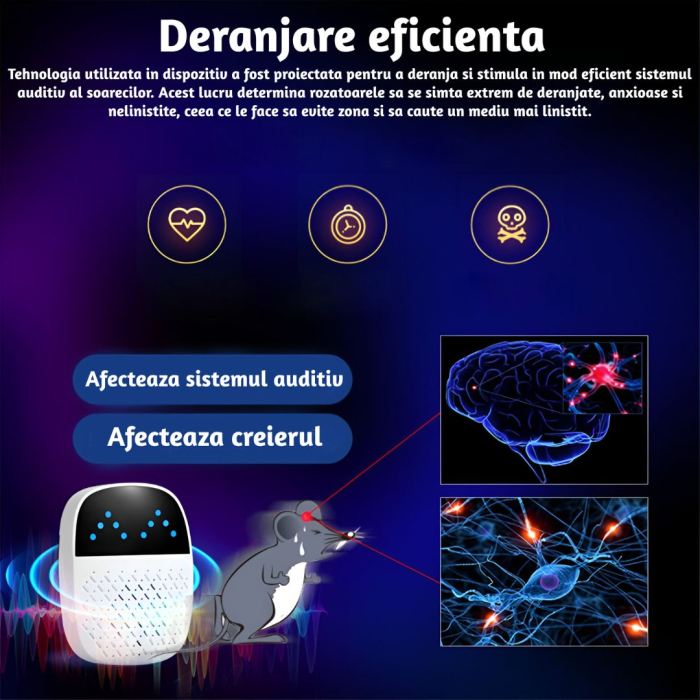 Aparat electronic CLAUSTEEL cu ultrasunete, rezonanta acustica anti rozatoare, anti sobolani, anti gandaci si alte insecte, pentru spatii de pana la 120MP [6]