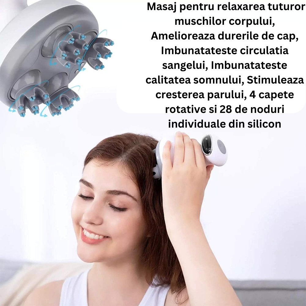 Aparat Masaj Capilar si Corporal 3D, Profesional, Masaj pentru Relaxarea Tuturor Muschilor, Amelioreaza Durerile de Cap, Imbunatateste Circulatia Sangelui, Stimuleaza Cresterea Parului, 4 Capete Rotat [8]