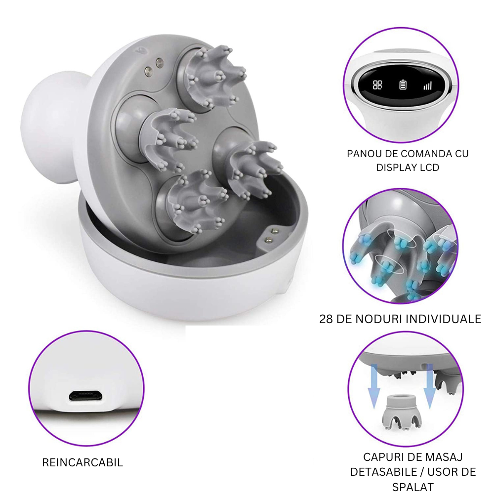 Aparat Masaj Capilar si Corporal 3D, Profesional, Masaj pentru Relaxarea Tuturor Muschilor, Amelioreaza Durerile de Cap, Imbunatateste Circulatia Sangelui, Stimuleaza Cresterea Parului, 4 Capete Rotat [3]