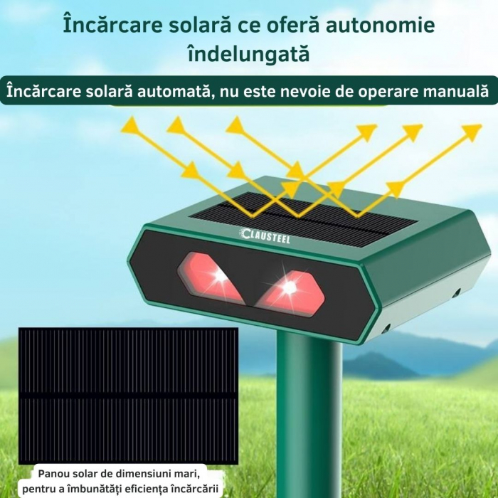 Aparat profesional cu lumini stroboscopice si panou solar CLAUSTEEL 2 in 1, senzor infrarosu, lumini stroboscopice, anti rozatoare, anti sobolani, dihori, pasari, reptile, caini, pisici, animale salba [4]