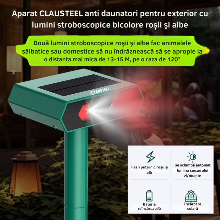 Aparat profesional cu lumini stroboscopice si panou solar CLAUSTEEL 2 in 1, senzor infrarosu, lumini stroboscopice, anti rozatoare, anti sobolani, dihori, pasari, reptile, caini, pisici, animale salba [5]
