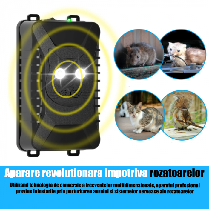 Aparat profesional cu ultrasunete CLAUSTEEL 2 in 1 pentru auto si casa cu lumini intermitente, anti rozatoare, anti sobolani, anti insecte, frecventa 18kHz-36kHz, acoperire extinsa 360°, Negru stins [2]