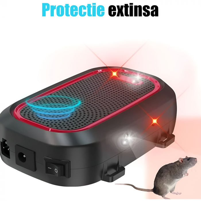 Aparat profesional cu ultrasunete CLAUSTEEL 2 IN 1 pentru auto si casa, cu lumini intermitente, anti rozatoare, anti sobolani, anti insecte, frecventa 25kHz-50kHz, acoperire 360°, raza 300 MP, Rosu Ne [2]