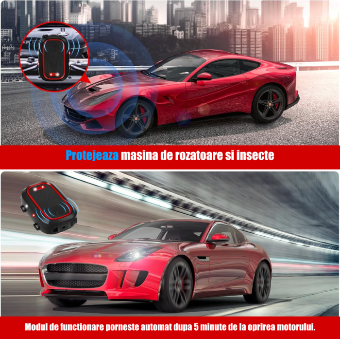 Aparat profesional cu ultrasunete CLAUSTEEL 2 IN 1 pentru auto si casa, cu lumini intermitente, anti rozatoare, anti sobolani, anti insecte, frecventa 25kHz-50kHz, acoperire 360°, raza 300 MP, Rosu Ne [6]