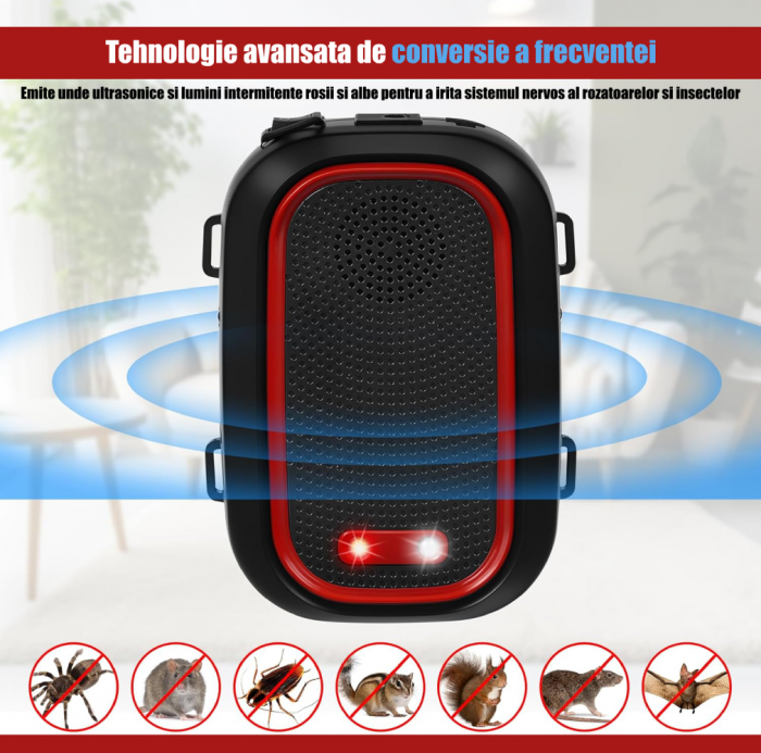 Aparat profesional cu ultrasunete CLAUSTEEL 2 IN 1 pentru auto si casa, cu lumini intermitente, anti rozatoare, anti sobolani, anti insecte, frecventa 25kHz-50kHz, acoperire 360°, raza 300 MP, Rosu Ne [4]