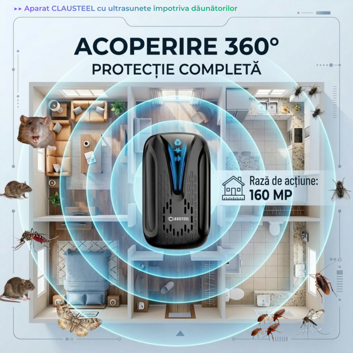 Aparat profesional cu ultrasunete CLAUSTEEL, anti rozatoare, anti insecte, tantari, muste, molii, gandaci, plosnite, purici, musculite de otet, furnici, frecventa 22kHz-65kHz, acoperire 360°, raza 160 [3]