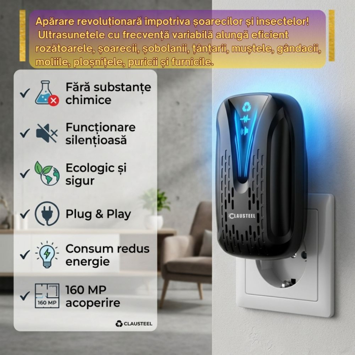 Aparat profesional cu ultrasunete CLAUSTEEL, anti rozatoare, anti insecte, tantari, muste, molii, gandaci, plosnite, purici, musculite de otet, furnici, frecventa 22kHz-65kHz, acoperire 360°, raza 160 [4]