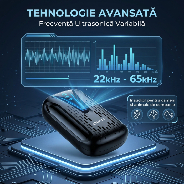 Aparat profesional cu ultrasunete CLAUSTEEL, anti rozatoare, anti insecte, tantari, muste, molii, gandaci, plosnite, purici, musculite de otet, furnici, frecventa 22kHz-65kHz, acoperire 360°, raza 160 [6]