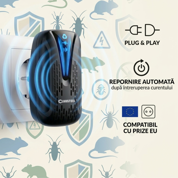 Aparat profesional cu ultrasunete CLAUSTEEL, anti rozatoare, anti insecte, tantari, muste, molii, gandaci, plosnite, purici, musculite de otet, furnici, frecventa 22kHz-65kHz, acoperire 360°, raza 160 [7]