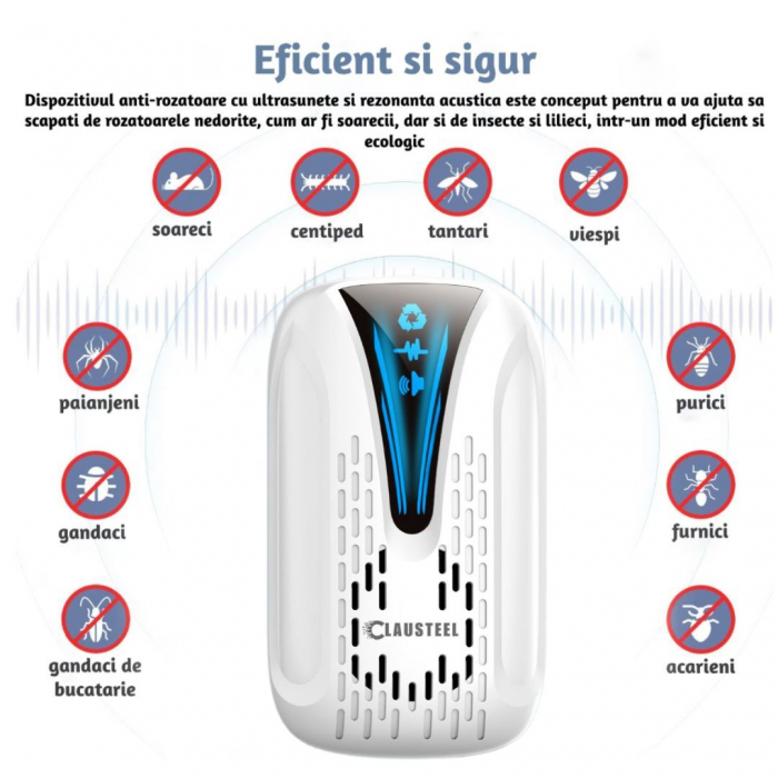 Aparat profesional cu ultrasunete CLAUSTEEL, anti rozatoare, anti insecte, tantari, muste, molii, gandaci, plosnite, purici, musculite de otet, furnici, frecventa 22kHz-65kHz, acoperire 360°, raza 160 [2]