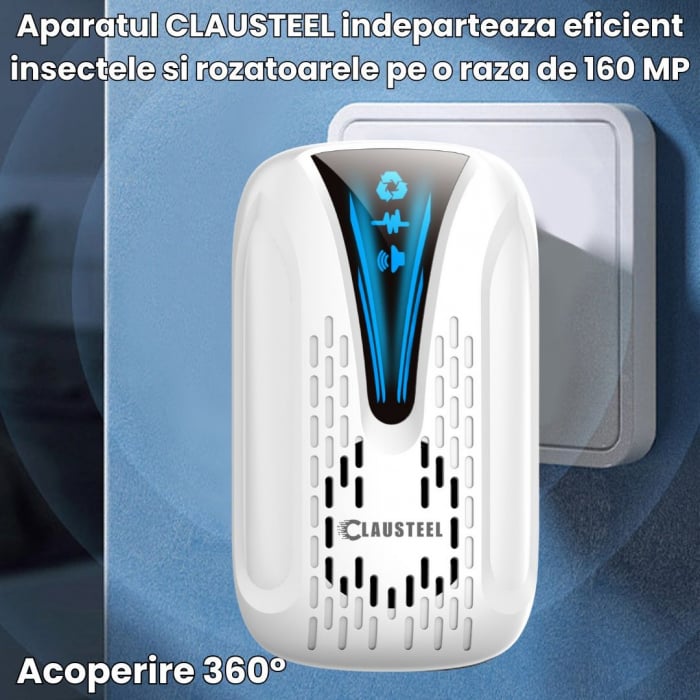 Aparat profesional cu ultrasunete CLAUSTEEL, anti rozatoare, anti insecte, tantari, muste, molii, gandaci, plosnite, purici, musculite de otet, furnici, frecventa 22kHz-65kHz, acoperire 360°, raza 160 [4]