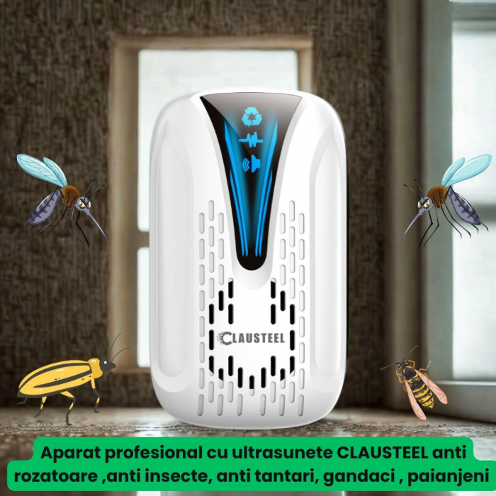 Aparat profesional cu ultrasunete CLAUSTEEL, anti rozatoare, anti insecte, tantari, muste, molii, gandaci, plosnite, purici, musculite de otet, furnici, frecventa 22kHz-65kHz, acoperire 360°, raza 160 [6]