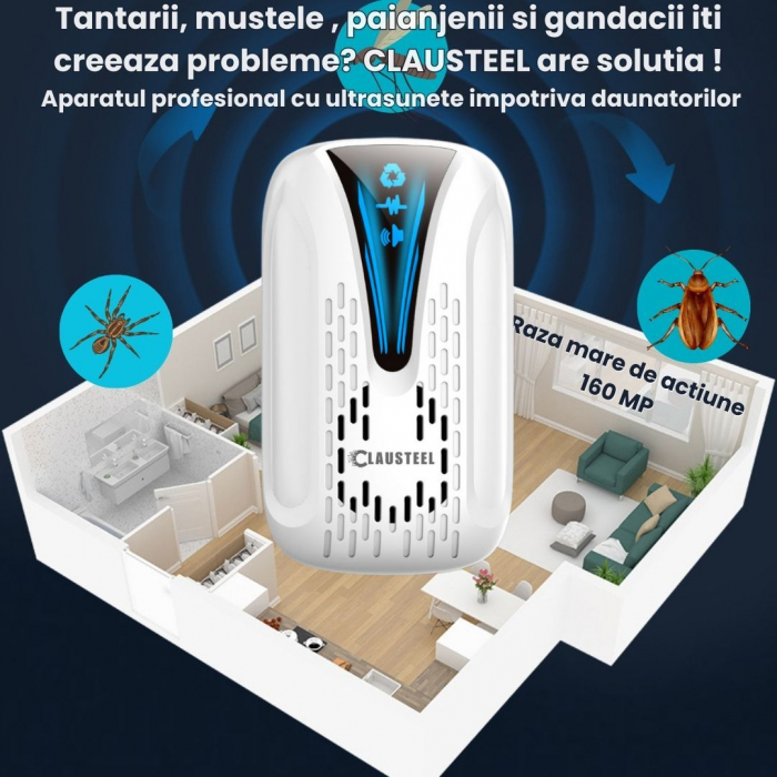 Aparat profesional cu ultrasunete CLAUSTEEL, anti rozatoare, anti insecte, tantari, muste, molii, gandaci, plosnite, purici, musculite de otet, furnici, frecventa 22kHz-65kHz, acoperire 360°, raza 160 [3]