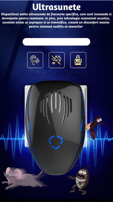 Aparat profesional cu ultrasunete CLAUSTEEL anti rozatoare, anti sobolani, anti insecte, frecventa 20kHz-65kHz, acoperire 360°, raza 190 MP, Negru-albastru [4]