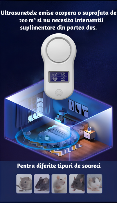 Aparat profesional cu ultrasunete CLAUSTEEL anti rozatoare, anti sobolani, anti insecte, frecventa 20kHz-65kHz, afisaj digital, acoperire 360°, raza 200 MP, Alb [6]