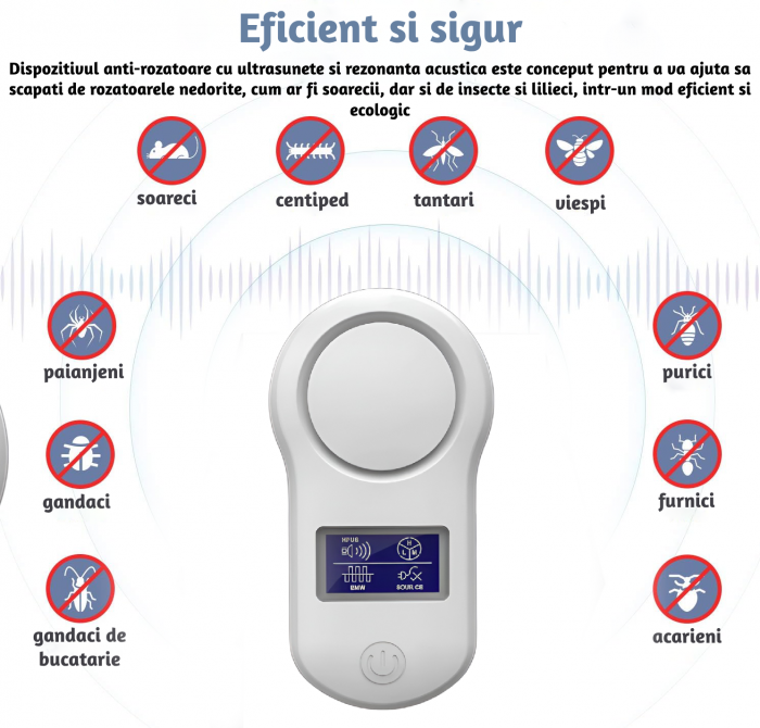 Aparat profesional cu ultrasunete CLAUSTEEL anti rozatoare, anti sobolani, anti insecte, frecventa 20kHz-65kHz, afisaj digital, acoperire 360°, raza 200 MP, Alb [7]