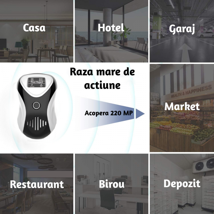 Aparat profesional cu ultrasunete CLAUSTEEL anti rozatoare, anti sobolani, anti insecte, frecventa 20kHz-65kHz, afisaj digital, acoperire 360°, raza 220 MP, Alb-negru [6]