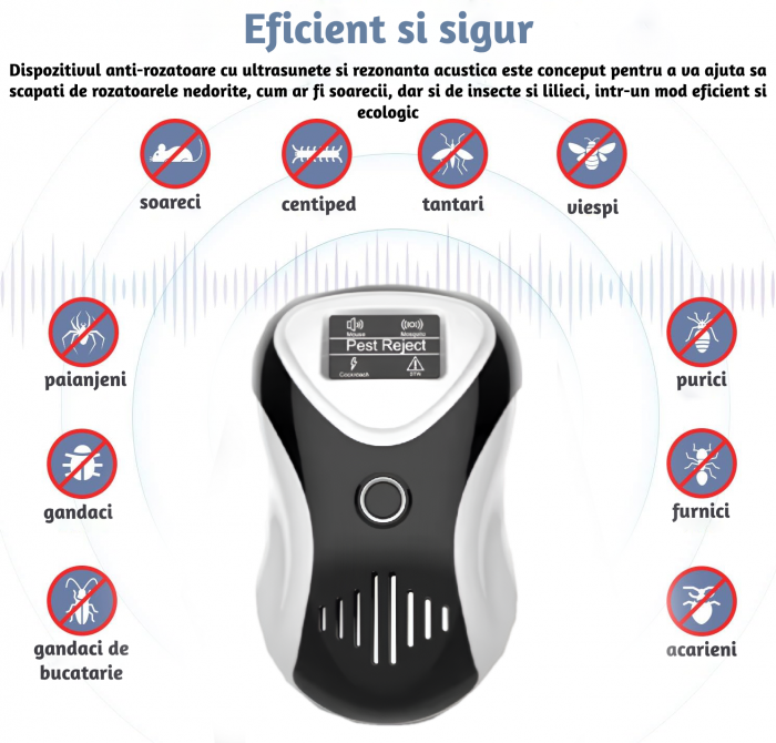 Aparat profesional cu ultrasunete CLAUSTEEL anti rozatoare, anti sobolani, anti insecte, frecventa 20kHz-65kHz, afisaj digital, acoperire 360°, raza 220 MP, Alb-negru [5]