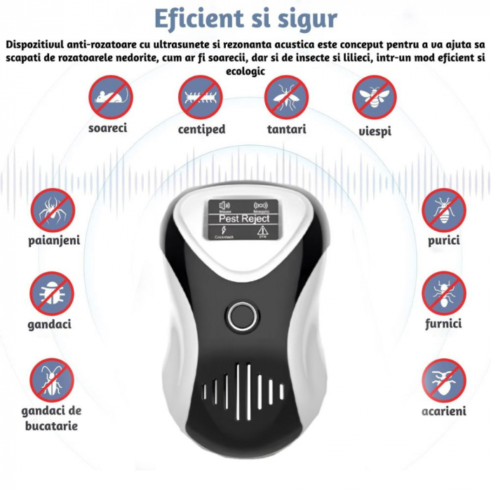 Aparat profesional cu ultrasunete CLAUSTEEL anti rozatoare, anti sobolani, anti insecte, frecventa 20kHz-65kHz, afisaj digital, acoperire 360°, raza 220 MP, Alb-negru [7]