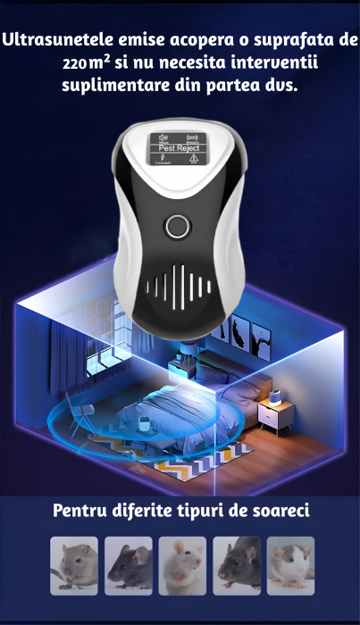 Aparat profesional cu ultrasunete CLAUSTEEL anti rozatoare, anti sobolani, anti insecte, frecventa 20kHz-65kHz, afisaj digital, acoperire 360°, raza 220 MP, Alb-negru [4]
