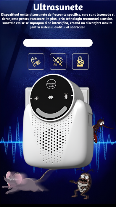 Aparat profesional cu ultrasunete CLAUSTEEL anti rozatoare, anti sobolani, anti insecte, frecventa 20kHz-65kHz, afisaj digital, acoperire 360°, raza 310 MP, Alb [4]
