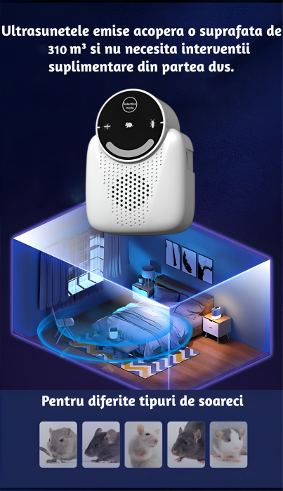 Aparat profesional cu ultrasunete CLAUSTEEL anti rozatoare, anti sobolani, anti insecte, frecventa 20kHz-65kHz, afisaj digital, acoperire 360°, raza 310 MP, Alb [5]