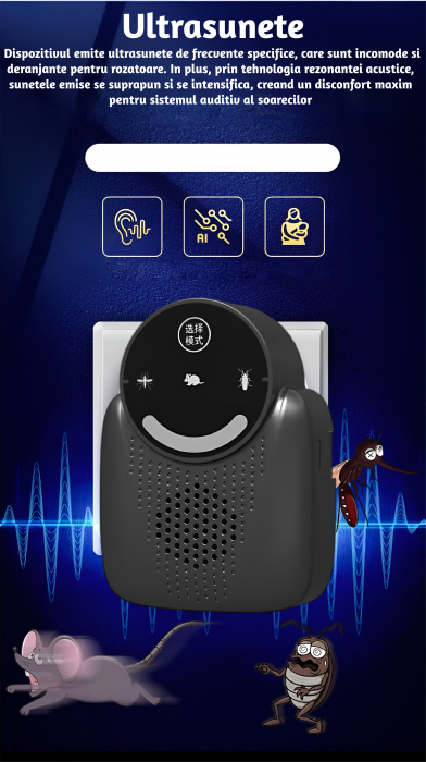 Aparat profesional cu ultrasunete CLAUSTEEL anti rozatoare, anti sobolani, anti insecte, frecventa 20kHz-65kHz, afisaj digital, acoperire 360°, raza 310 MP, Negru [6]