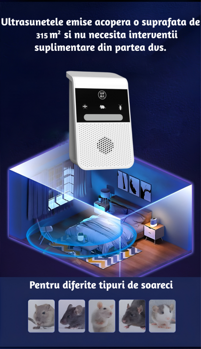 Aparat profesional cu ultrasunete CLAUSTEEL anti rozatoare, anti sobolani, anti insecte, frecventa 20kHz-65kHz, afisaj digital, acoperire 360°, raza 315 MP, Alb [5]