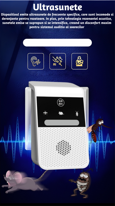 Aparat profesional cu ultrasunete CLAUSTEEL anti rozatoare, anti sobolani, anti insecte, frecventa 20kHz-65kHz, afisaj digital, acoperire 360°, raza 315 MP, Alb [4]