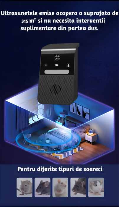Aparat profesional cu ultrasunete CLAUSTEEL anti rozatoare, anti sobolani, anti insecte, frecventa 20kHz-65kHz, afisaj digital, acoperire 360°, raza 315 MP, Negru [5]