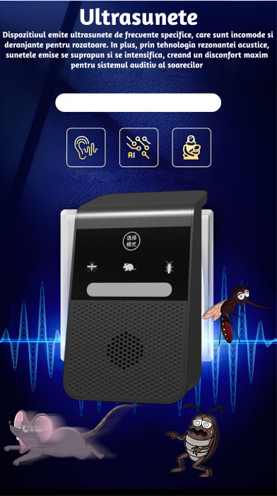 Aparat profesional cu ultrasunete CLAUSTEEL anti rozatoare, anti sobolani, anti insecte, frecventa 20kHz-65kHz, afisaj digital, acoperire 360°, raza 315 MP, Negru [4]
