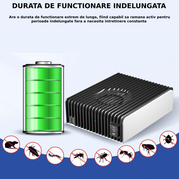Aparat profesional cu ultrasunete CLAUSTEEL, anti rozatoare, anti sobolani, anti insecte, frecventa 20kHz-65kHz, incarcator tip C, calibrare automata, acoperire 360°, raza 350 MP [7]