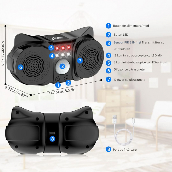 Aparat profesional cu ultrasunete CLAUSTEEL cu 2 difuzoare, 12 lumini intermitente, senzor PIR, anti rozatoare, anti sobolani, anti insecte, frecventa 20kHz-65kHz, acoperire 360°, raza 350 MP, Negru T [7]
