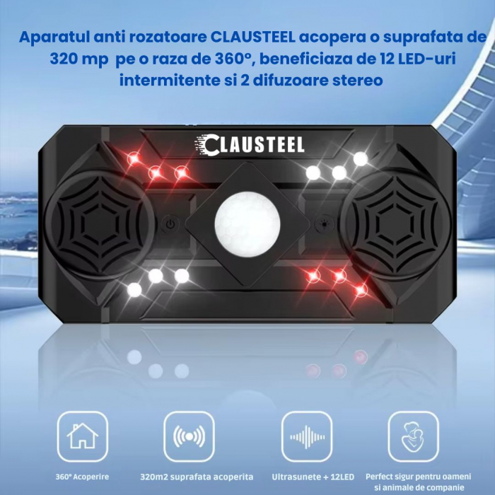 Aparat profesional cu ultrasunete CLAUSTEEL cu 2 difuzoare, 12 lumini intermitente, senzor PIR, anti rozatoare, anti sobolani, anti insecte, frecventa 20kHz-65kHz, acoperire 360°, raza 320 MP, Negru L [5]