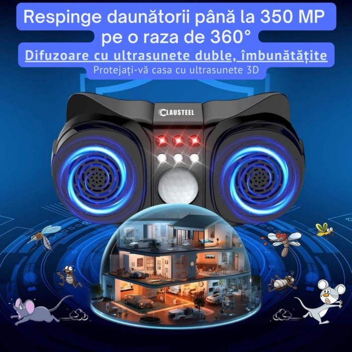 Aparat profesional cu ultrasunete CLAUSTEEL cu 2 difuzoare, 12 lumini intermitente, senzor PIR, anti rozatoare, anti sobolani, anti insecte, frecventa 20kHz-65kHz, acoperire 360°, raza 350 MP, Negru T [4]