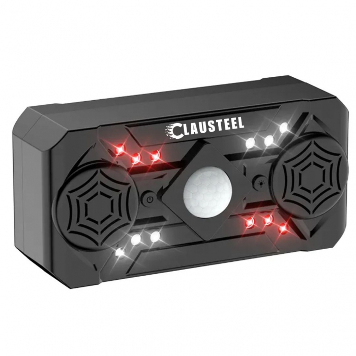 Aparat profesional cu ultrasunete CLAUSTEEL cu 2 difuzoare, 12 lumini intermitente, senzor PIR, anti rozatoare, anti sobolani, anti insecte, frecventa 20kHz-65kHz, acoperire 360°, raza 320 MP, Negru L [12]
