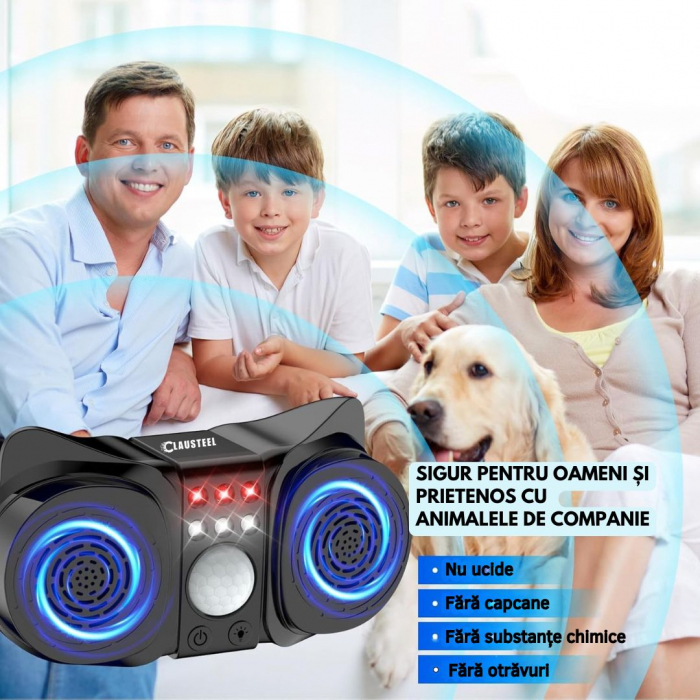 Aparat profesional cu ultrasunete CLAUSTEEL cu 2 difuzoare, 12 lumini intermitente, senzor PIR, anti rozatoare, anti sobolani, anti insecte, frecventa 20kHz-65kHz, acoperire 360°, raza 350 MP, Negru T [6]