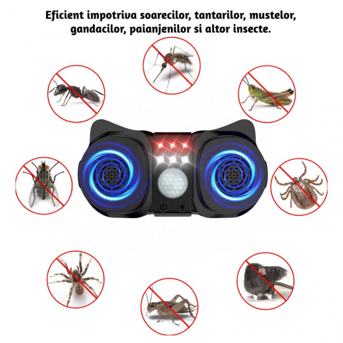 Aparat profesional cu ultrasunete CLAUSTEEL cu 2 difuzoare, 12 lumini intermitente, senzor PIR, anti rozatoare, anti sobolani, anti insecte, frecventa 20kHz-65kHz, acoperire 360°, raza 350 MP, Negru T [2]