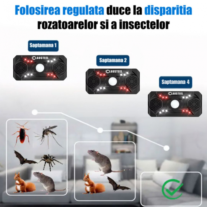 Aparat profesional cu ultrasunete CLAUSTEEL cu 2 difuzoare, 12 lumini intermitente, senzor PIR, anti rozatoare, anti sobolani, anti insecte, frecventa 20kHz-65kHz, acoperire 360°, raza 320 MP, Negru L [8]