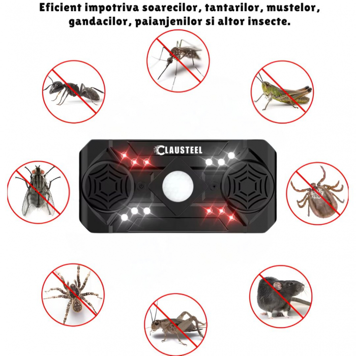 Aparat profesional cu ultrasunete CLAUSTEEL cu 2 difuzoare, 12 lumini intermitente, senzor PIR, anti rozatoare, anti sobolani, anti insecte, frecventa 20kHz-65kHz, acoperire 360°, raza 320 MP, Negru L [2]